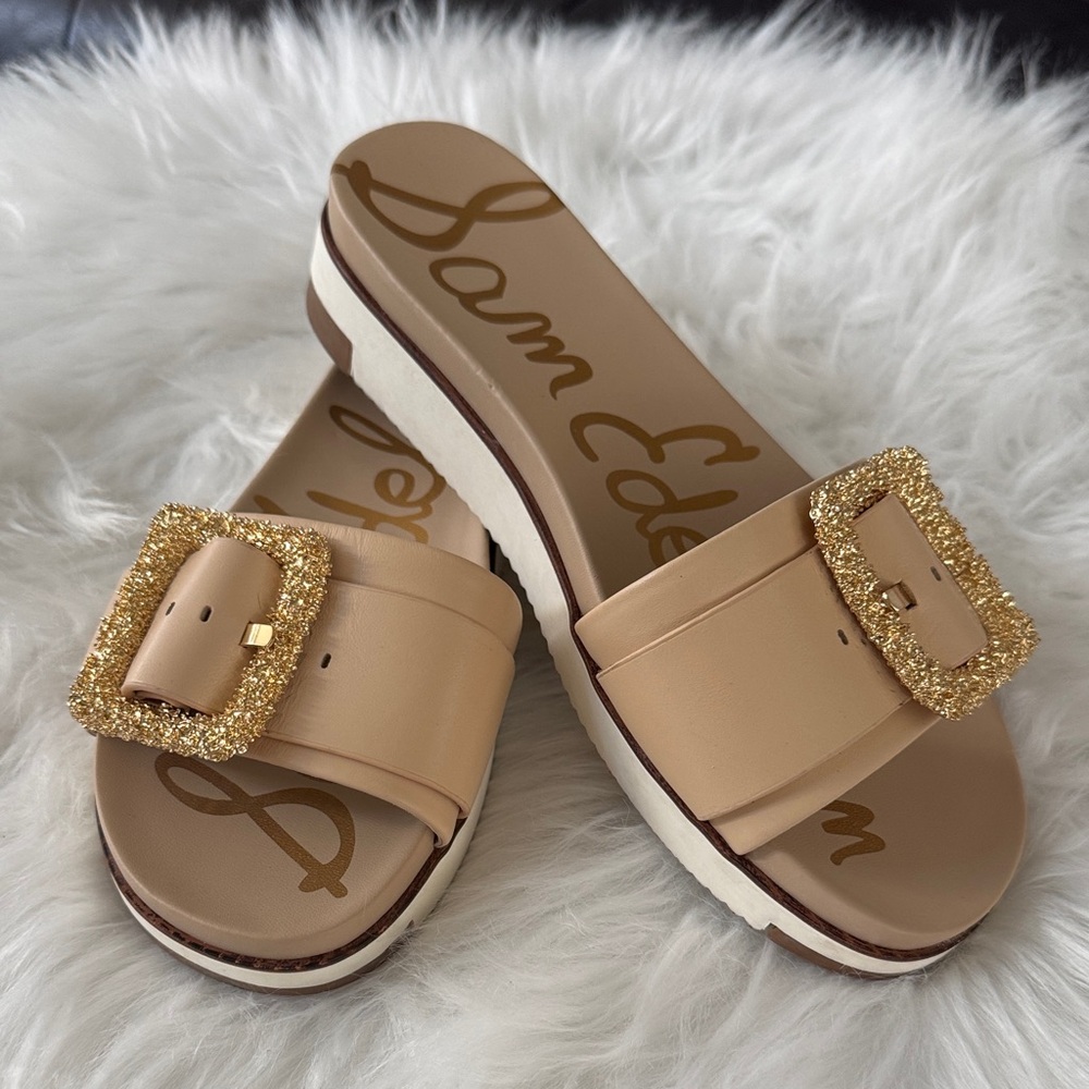 Sam Edelman Ariane Natural Slide Sandals with Glittering Gold Buckles size 7.5